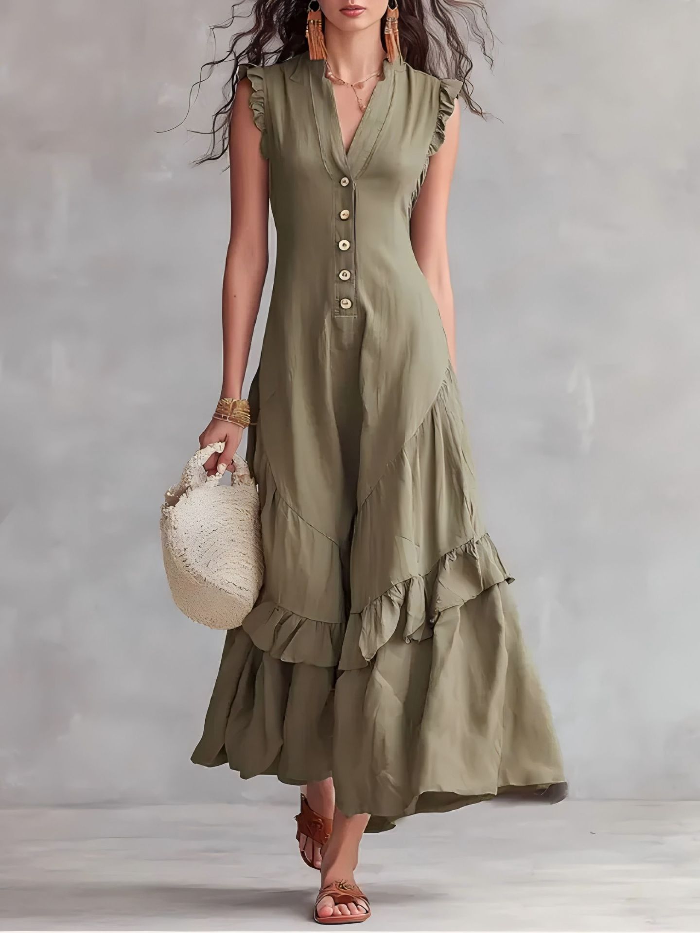 Boho Flowy Sleeveless Maxi Dress V-Neck Button-Front Ruffle Hem A-Line Skirt